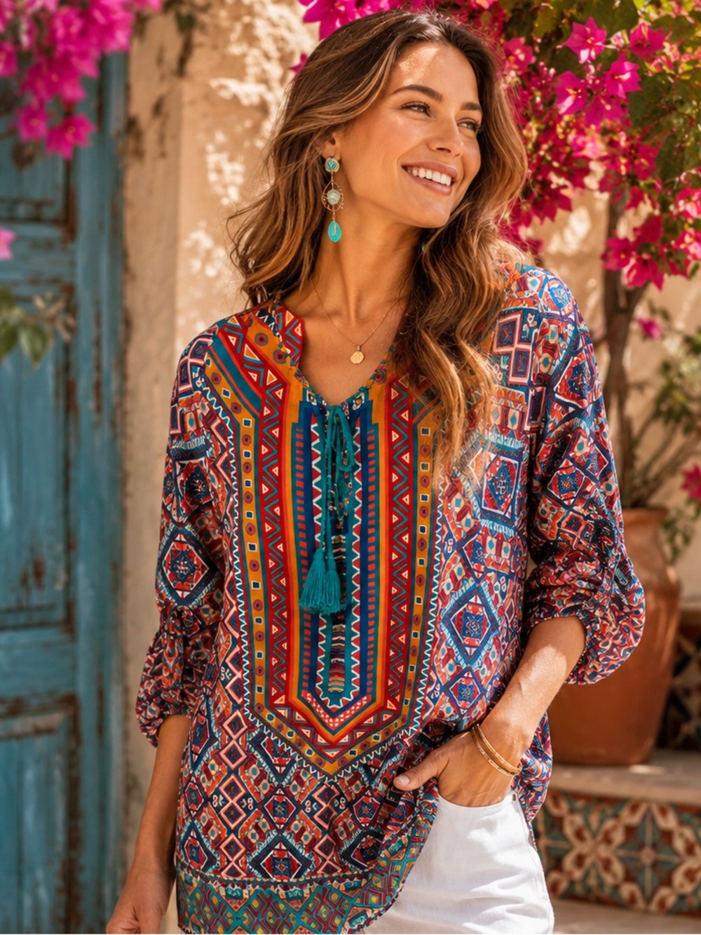 Tolani Women Silk Tribal Geometric Print Tunic Top Teal Orange Red Size Small